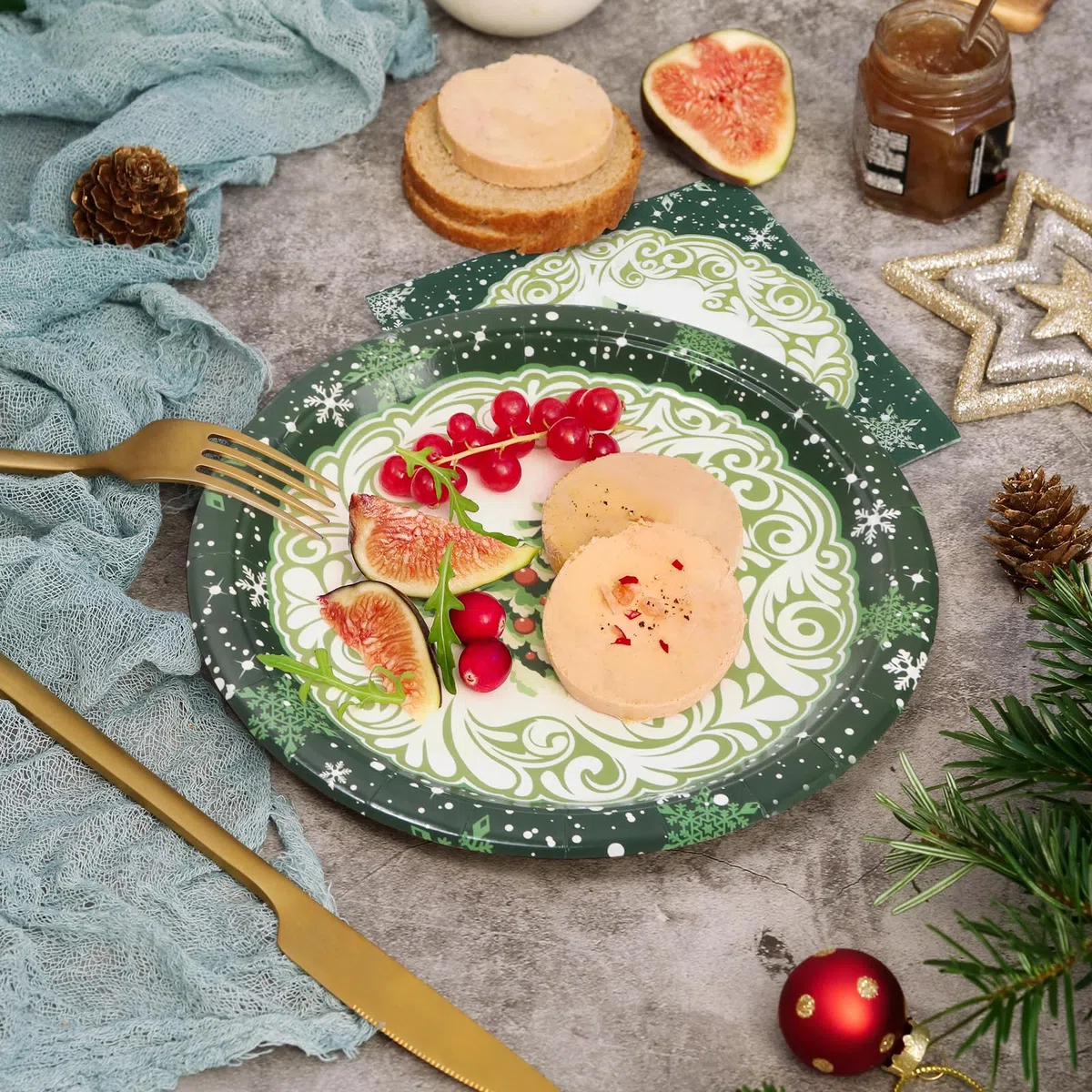 Platos y Servilletas De Papel Navideños 50 Unidades,Incluye 25 Unidades 23 cm Platos Navidad y 25 Unidades Servilletas,Patrón De Árbol De Navidad Verde,Para Decoraciones Navideñas