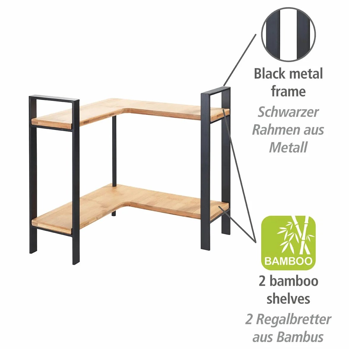 Wenko Estante esquinero de cocina Lou de metal y tablas de bambú, 2 niveles para mayor espacio de almacenamiento, (An. x a x P): 30 x 33 x 30 cm, negro/marrón claro, 53028100