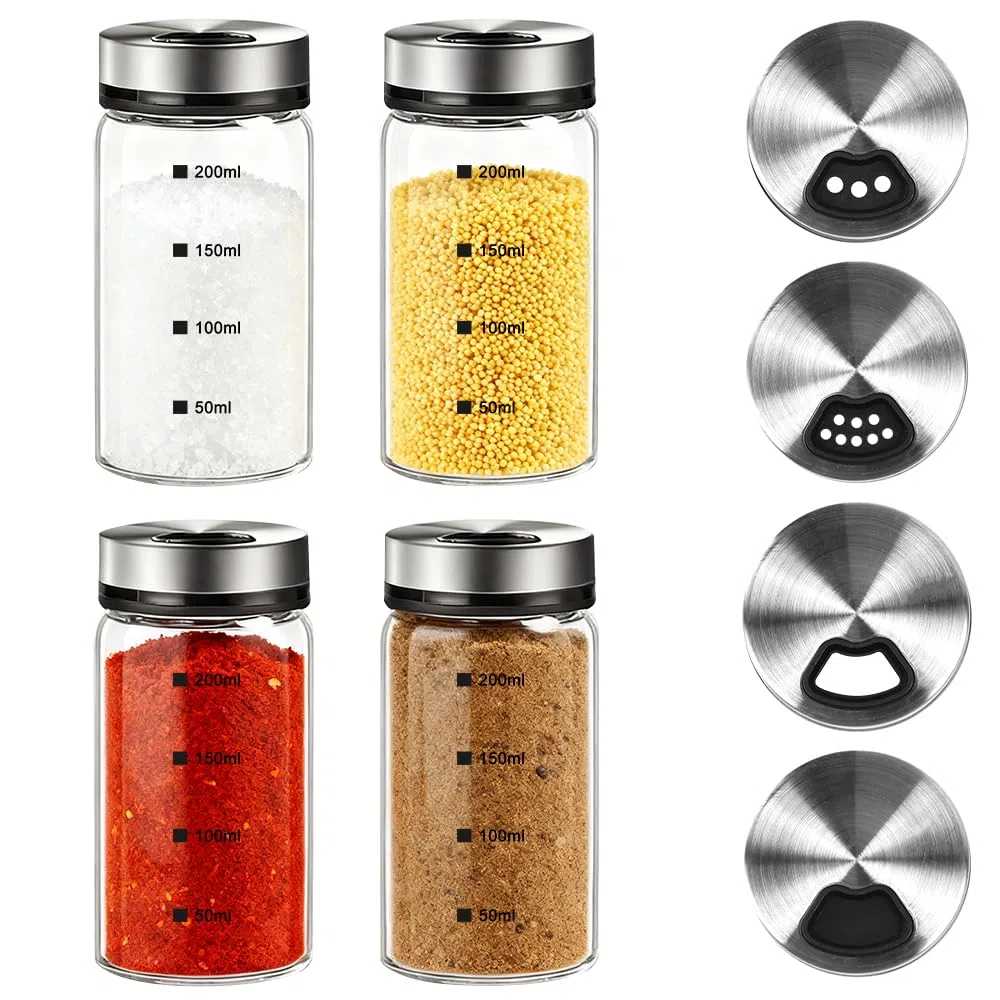 4 tarros de especias con tapa giratoria, 200 ml, salero y pimentero, tarros de especias con agujeros para especias, vidrio de borosilicato, para cocina, barbacoa, barbacoa y cocina