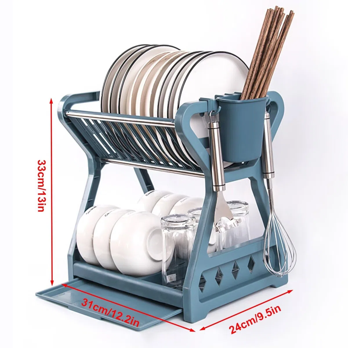 Escurridor de Platos para Encimera de Cocina, Escurreplatos de PP 2 Niveles con Desagüe, Set Escurreplatos Fregadero para Cubiertos y Vasos con Soporte de Vajilla y Tazas