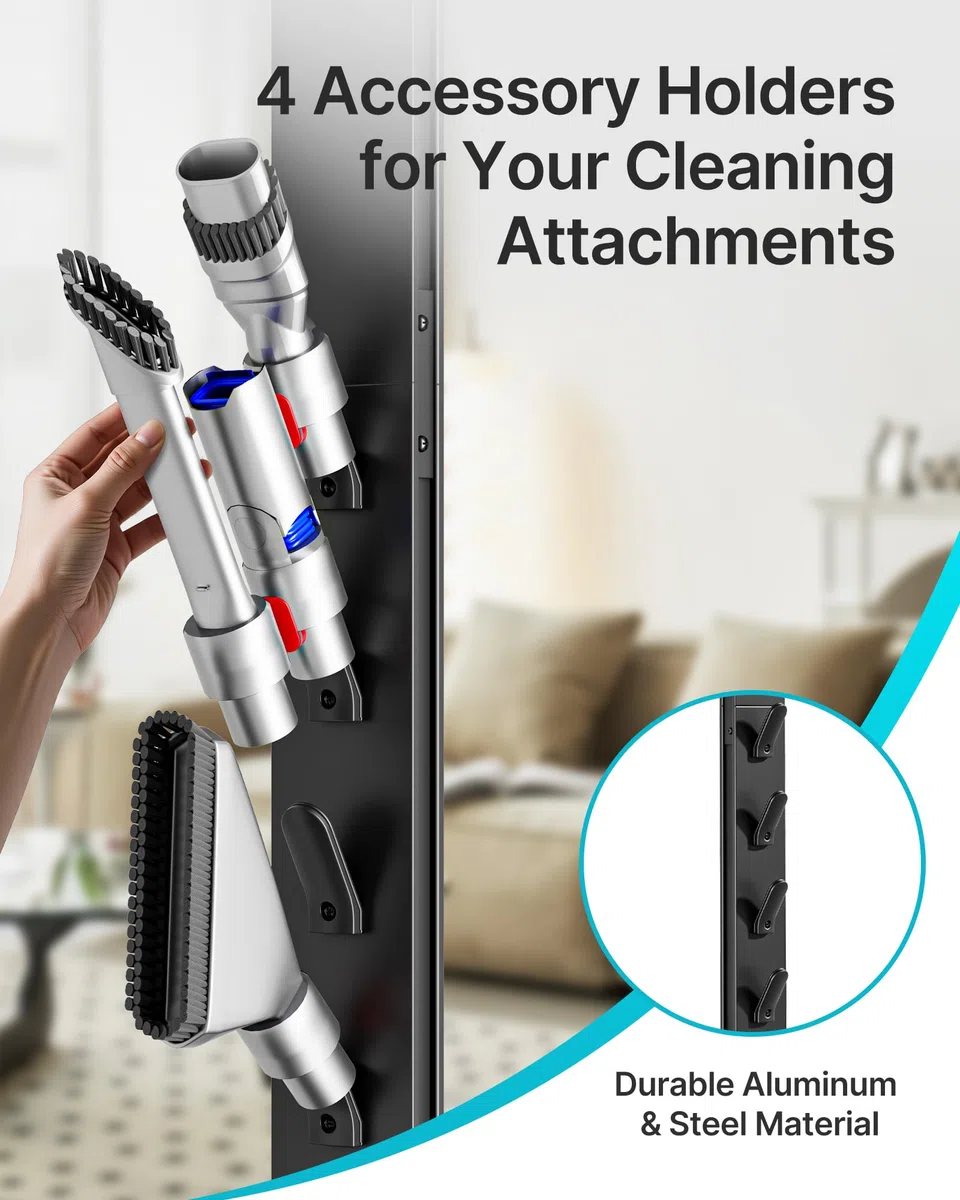 PEGZONE Soporte Aspiradora para Dyson Gen5 V15 V12 V11 V10 V8 V7 Negro | Compatible con Dyson, Soporte con 4 Ganchos, sin Taladrar, Guarda la Aspiradora y Todos los Accesorios