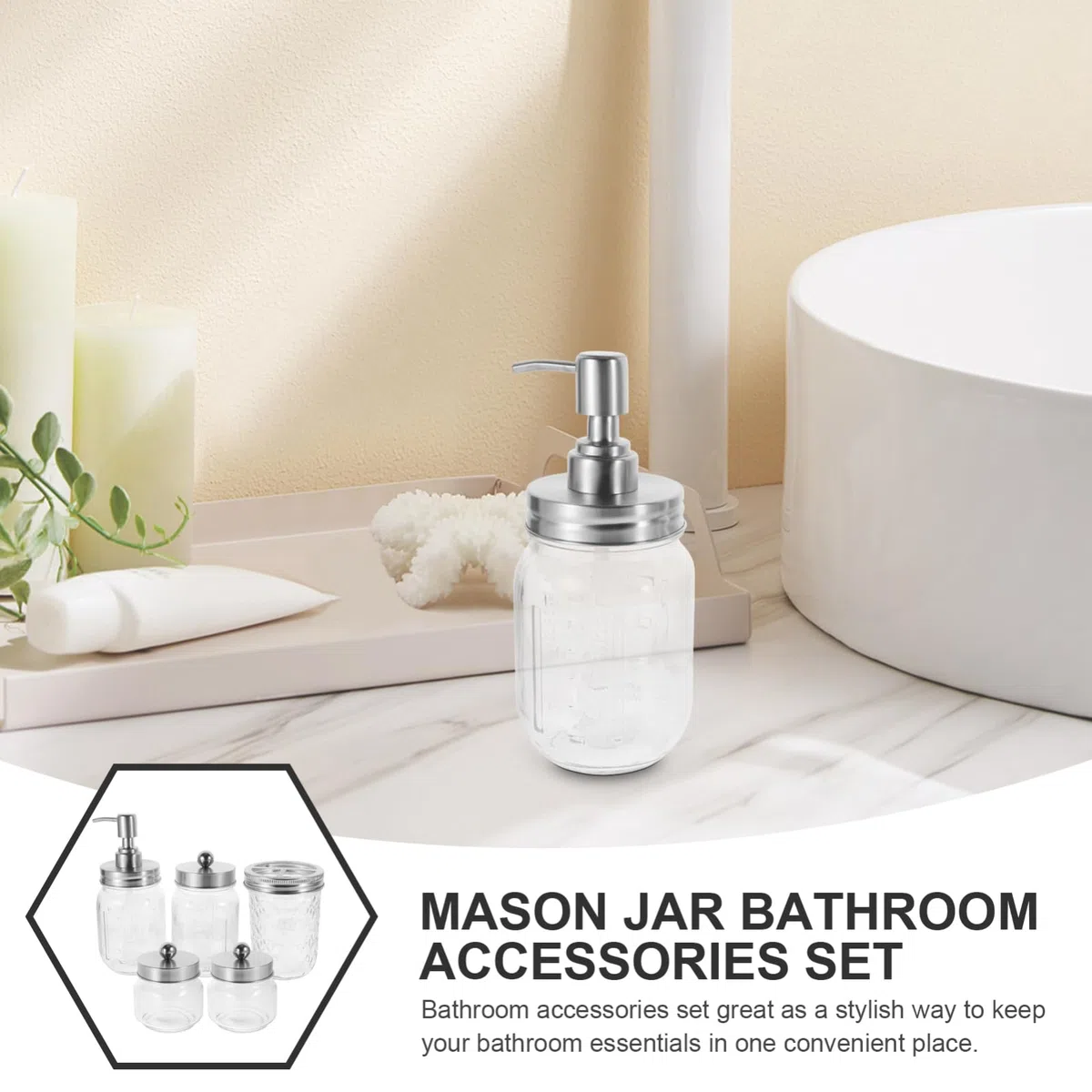 ULTECHNOVO Set Accesorios Baño 5 Piezas Dispensador de Jabón de Espuma, Soporte para Cepillos de Dientes y Tarros de Almacenamiento de Vidrio y Acero Inoxidable para Baño