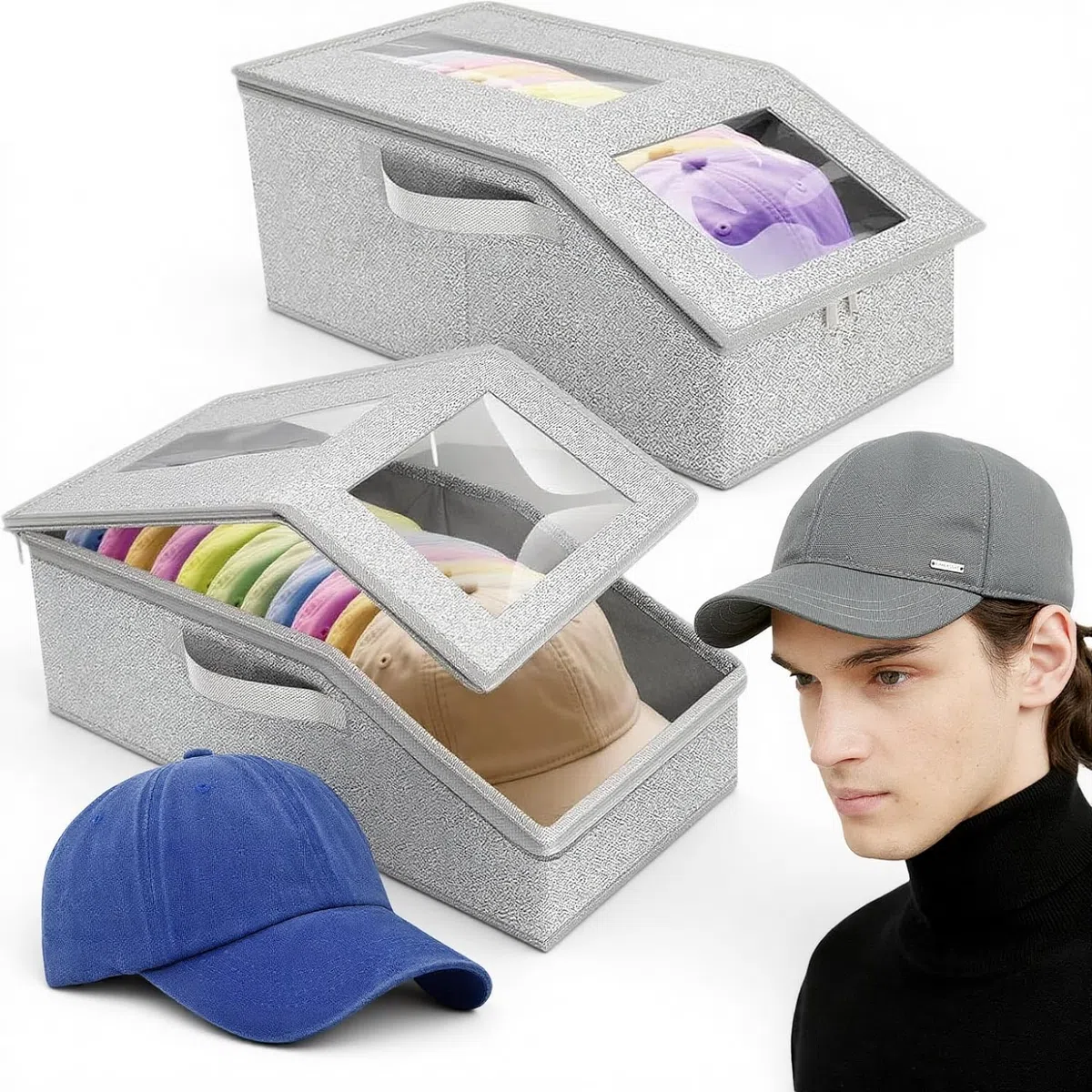 2 Piezas Organizador de Gorras Min 24 Gorra Organizador Gorras con Tapa Transparente Plegable Apilable con Asas y Cremallera Gran Apertura para Organización en Armario Dormitorio Sala de Estar