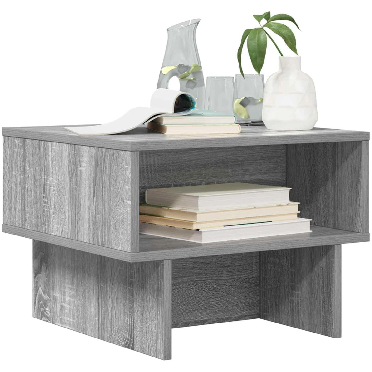 Mesa de centro Sonoma gris 48 x 46 x 35 cm, pequeña mesa auxiliar de madera para salón, moderna mesa de salón con 2 estantes, mesa de sofá compacta