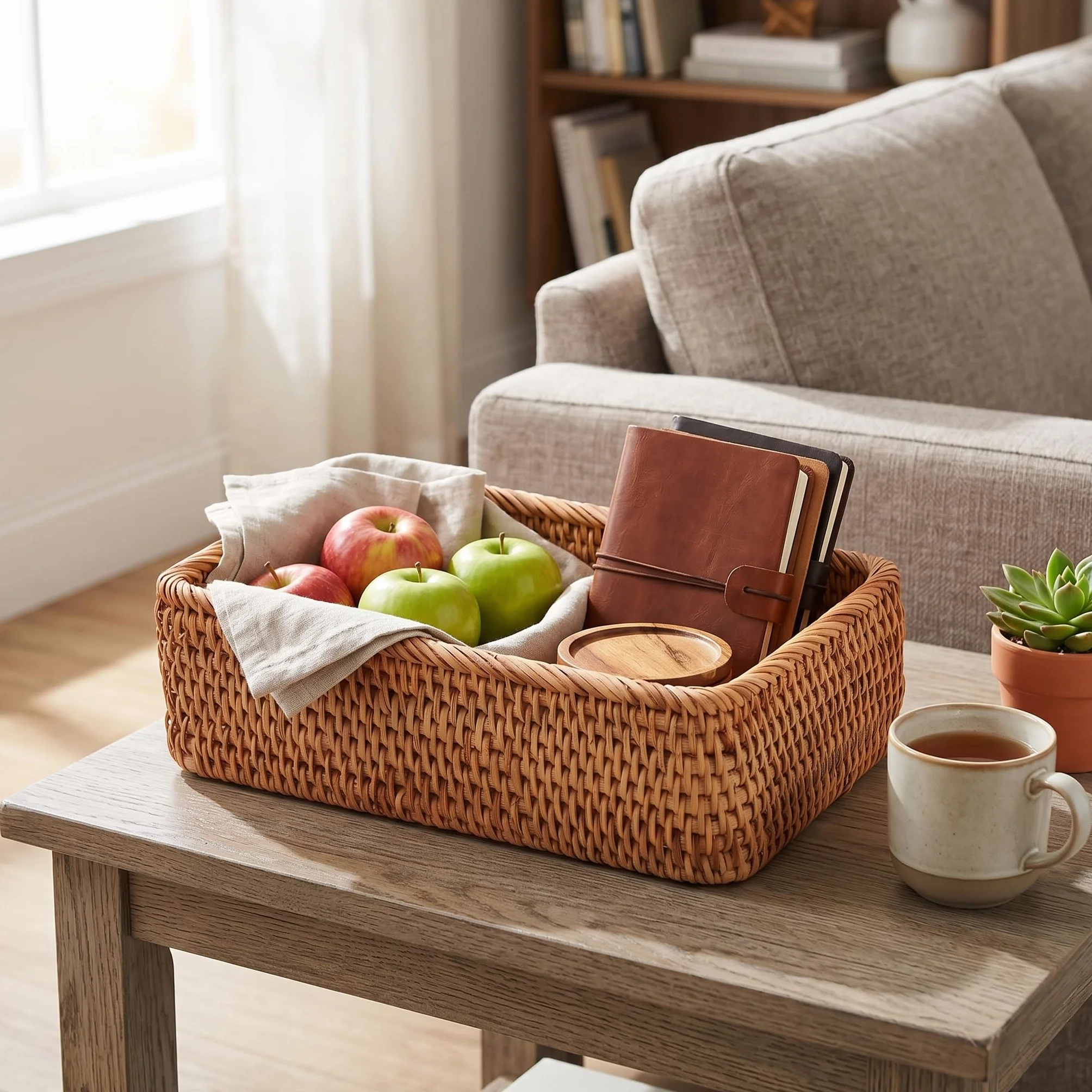 Cestas tejidas de bocadillos y frutas cestas de almacenamiento multiusos rectangulares de ratán para té snacks y frutas cestas de mimbre para cocina salón y oficina