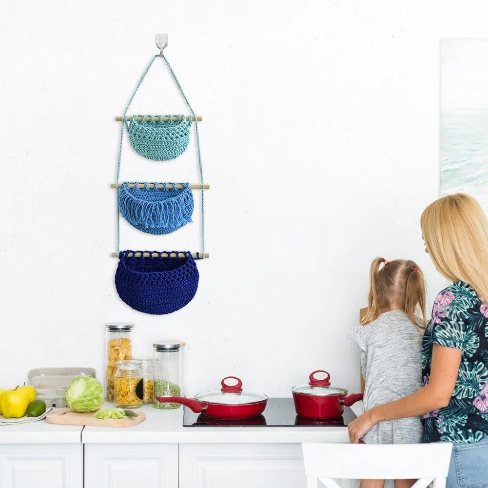 Cestas De Almacenamiento Colgantes Decoración De Pared Multiusos 3 Niveles Cuerda De Algodón Bolsa Colgante De Almacenamiento Tejida a Mano Cestas De Frutas Colgantes Para Hogar Cocina Restaurante