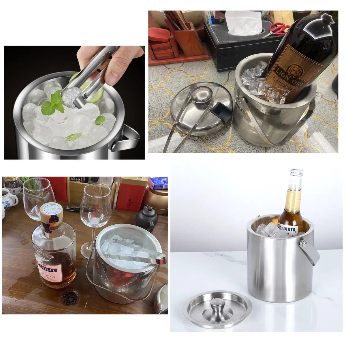 JZK Cubo de hielo de doble pared de acero inoxidable 1.3L 304 con con pinza y tapa, cubiteras cerveza portátil con mango para picnic, hielera, enfriador de vino al aire libre, contenedor cubo hielo