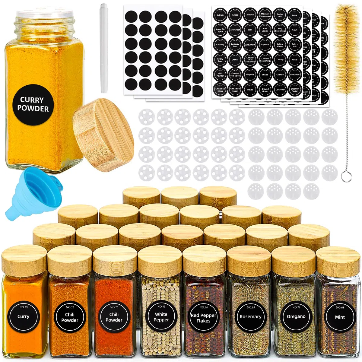 FAMKEEP 24pcs Botes Especias Cristal,Cuadrado Spice Jars con Tapa de Madera, Tarros Especias incluir Embudo,Tamiz,Etiqueta para Especias y Bolígrafo
