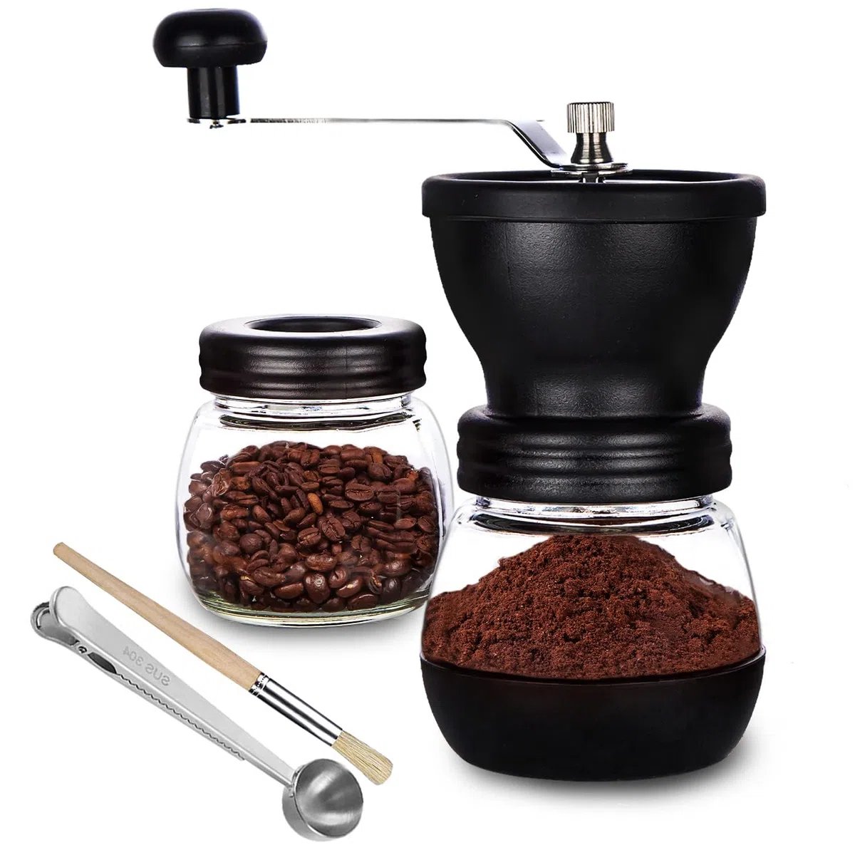 PARACITY Molinillo Cafe Manual con 2 Tarros de Cristal (325 ml cada uno),Molinillo Café con Núcleo de Molienda de Cerámica, Mmolinillo Café Manual/Portátil con Cepillo/Cuchara Para