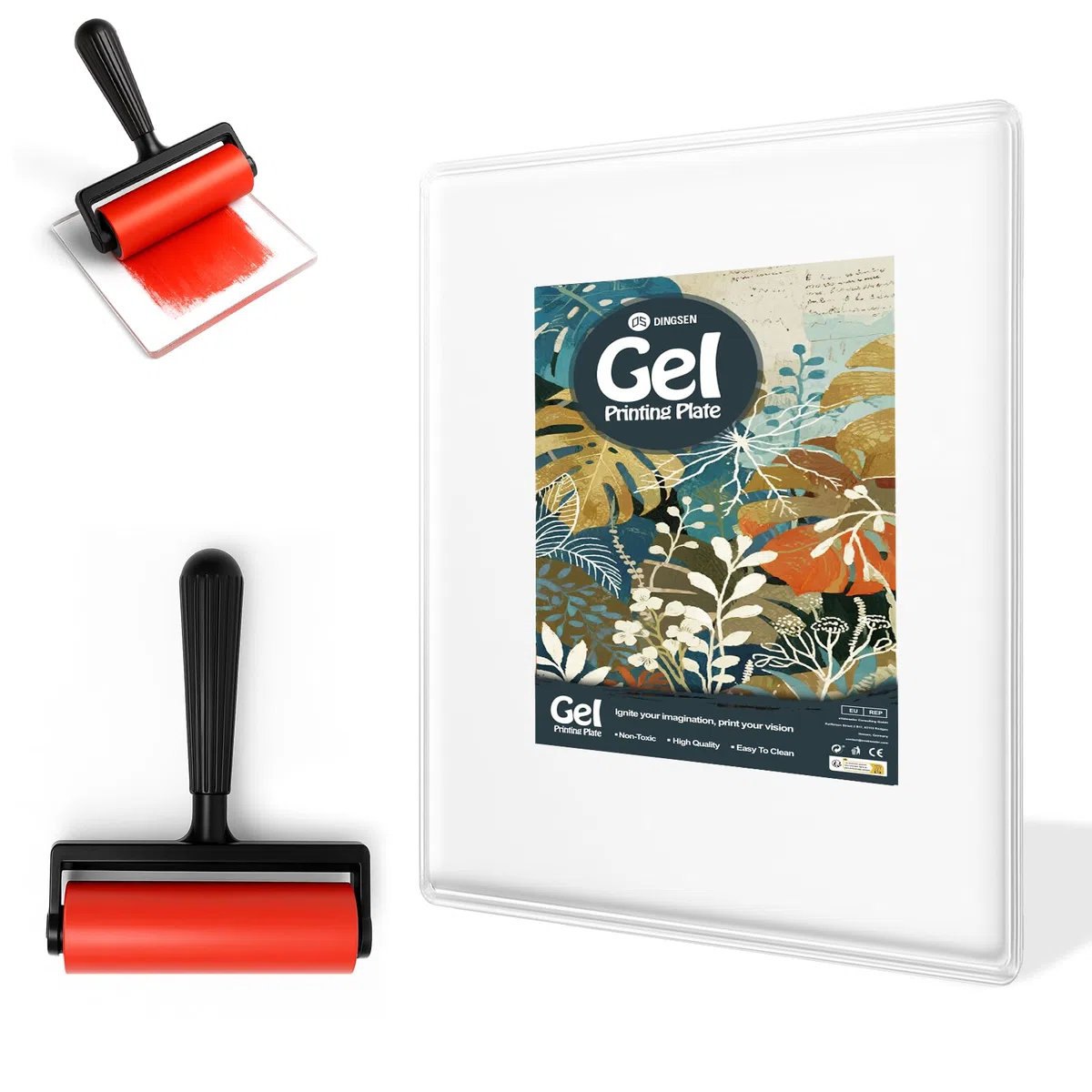 Almohadilla de impresión de gel con pincel, placa de gel reutilizable para monoimpresión, estampado y arte de textura, incluye mini cepillo de rodillo, herramienta de arte no tóxica para principiantes