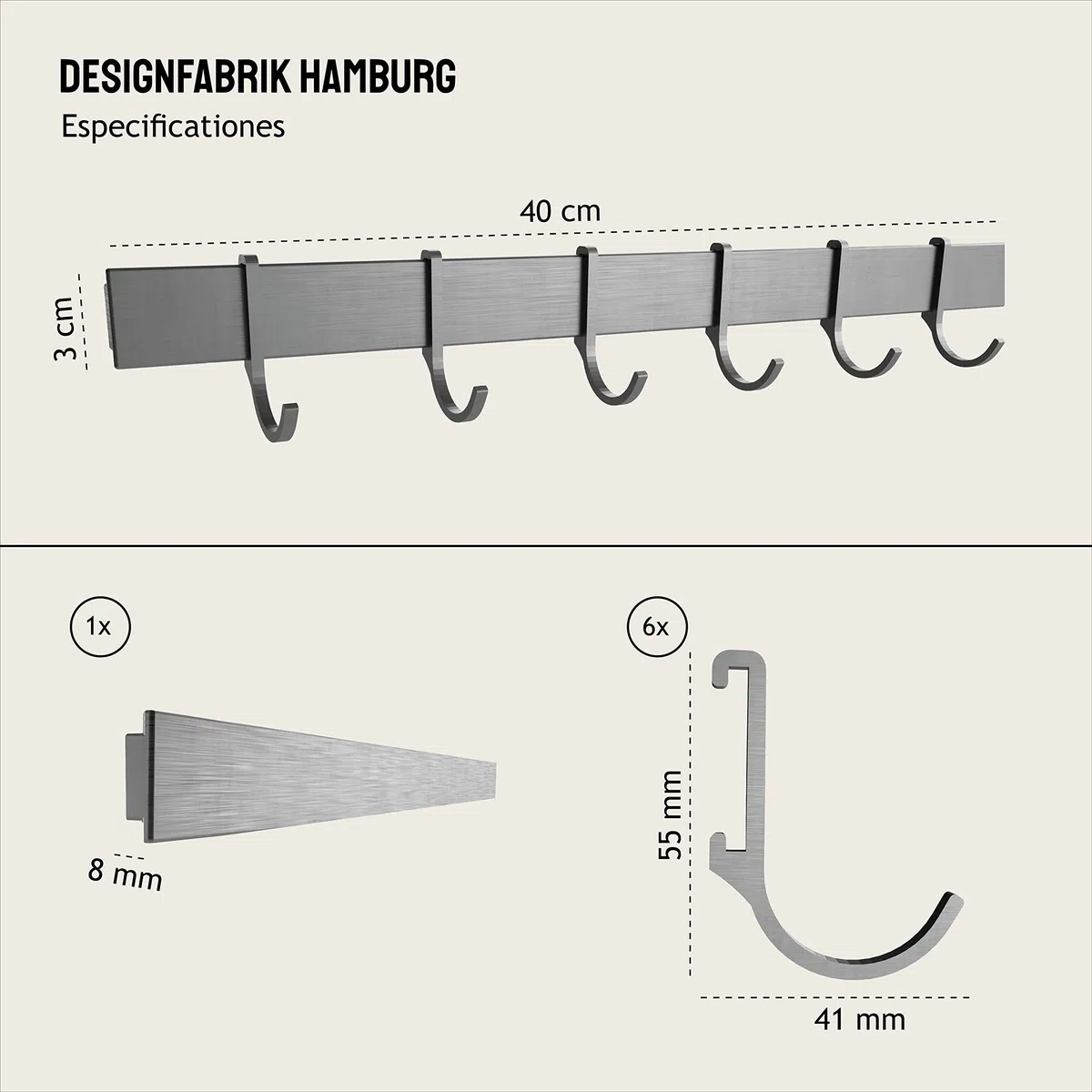 Design Hamburgo Barra de Cocina | autoadhesiva | Colgador de Utensilios y Accesorios | Sin Taladrar | 6 Ganchos Móviles | 40cm | Diseño plateado gris