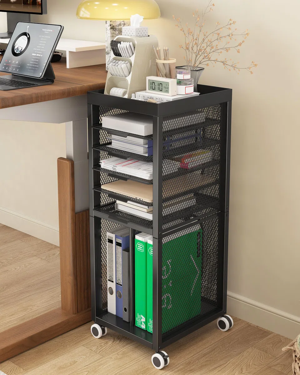 Carro de Oficina con Ruedas, Carro Utilitario Metálico con Estantes de Malla Extraíbles y Almacenamiento Vertical de Archivos, Carro Móvil para Oficina, Estudio y Aulas (Negro)