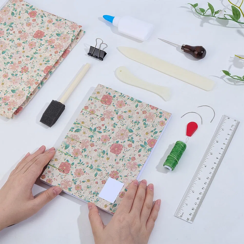WEBEEDY Kit de encuadernación copta para principiantes, juego completo para hacer un cuaderno A5 con cubierta de flores, papel A4, herramientas hechas a mano