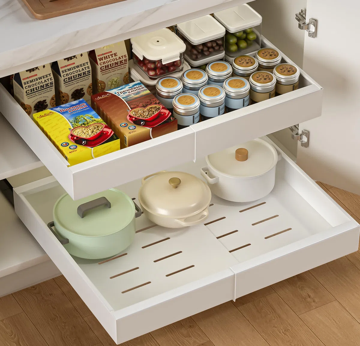 Cajones Extraibles Para Cocina 1 Pack, Cajon Telescopico Adhesivo No Es Necesario Taladrar, Anchura Ajustable Cajones Deslizantes Para Cocina, Organizador Armario Cocina(Blanco 32-50cm)