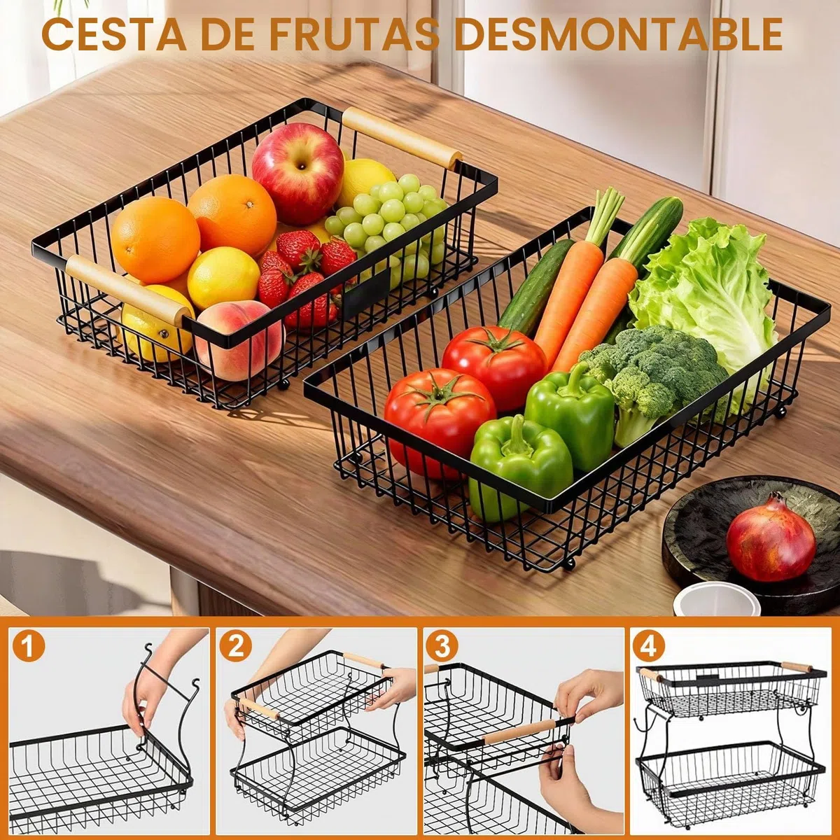 Frutero 2 Pisos, Fruteros de Cocina, Diseño Desmontable, Frutero para Guardar Fruta y Verdura (Negro)