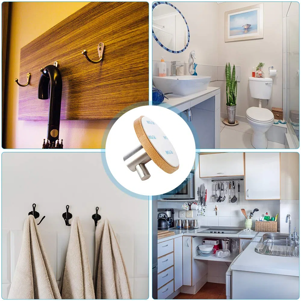 Ganchos de bambú autoadhesivos, 4 piezas de acero inoxidable y bambú para toallas, ganchos de pared de bambú, ganchos de bambú para abrigos, baño, cocina, oficina, gancho para toallas