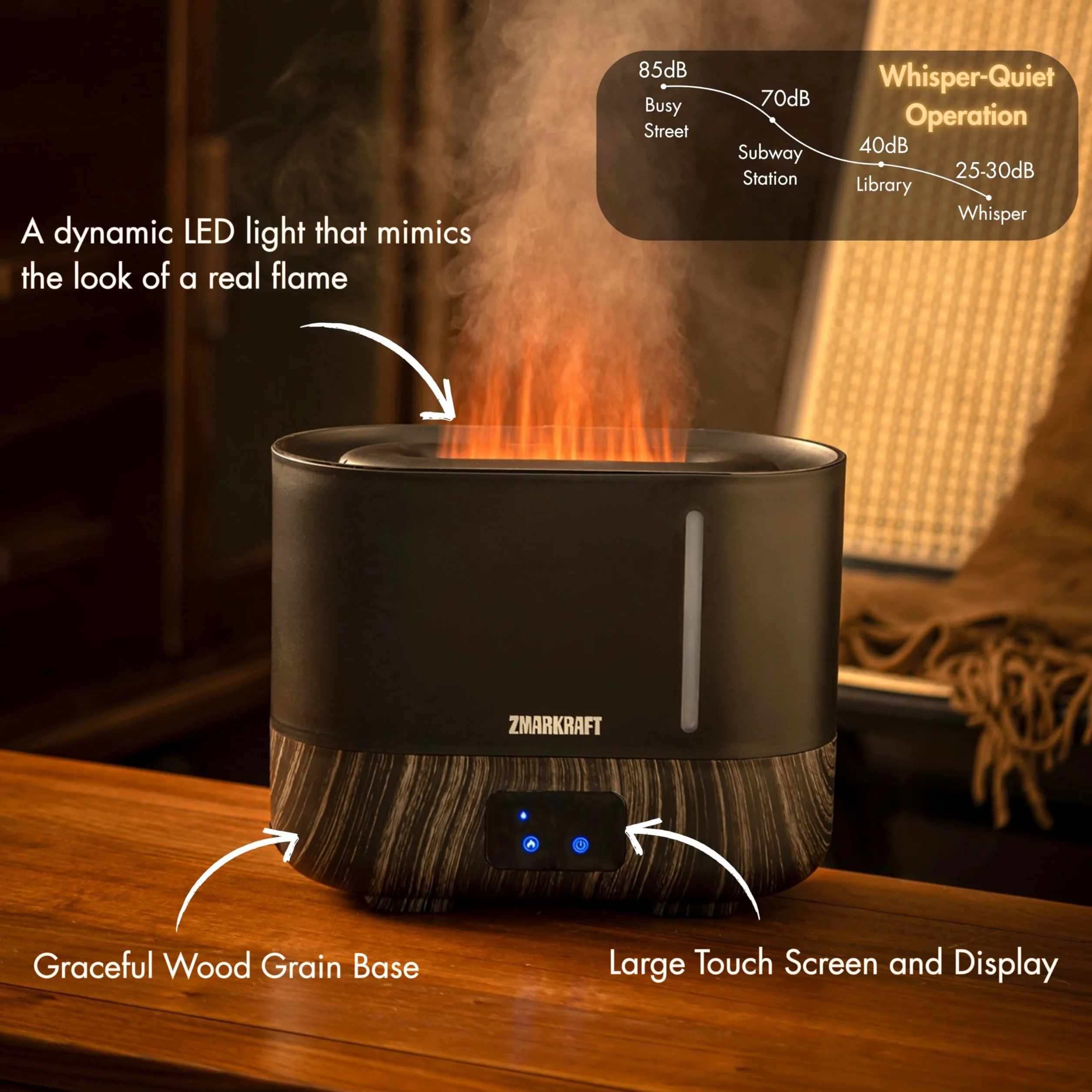 Humidificador de 3 litros con efecto de luz especial de llama, humidificación ultrasónica silenciosa, llenado superior y nivel de niebla ajustable, humidificador de niebla fría para