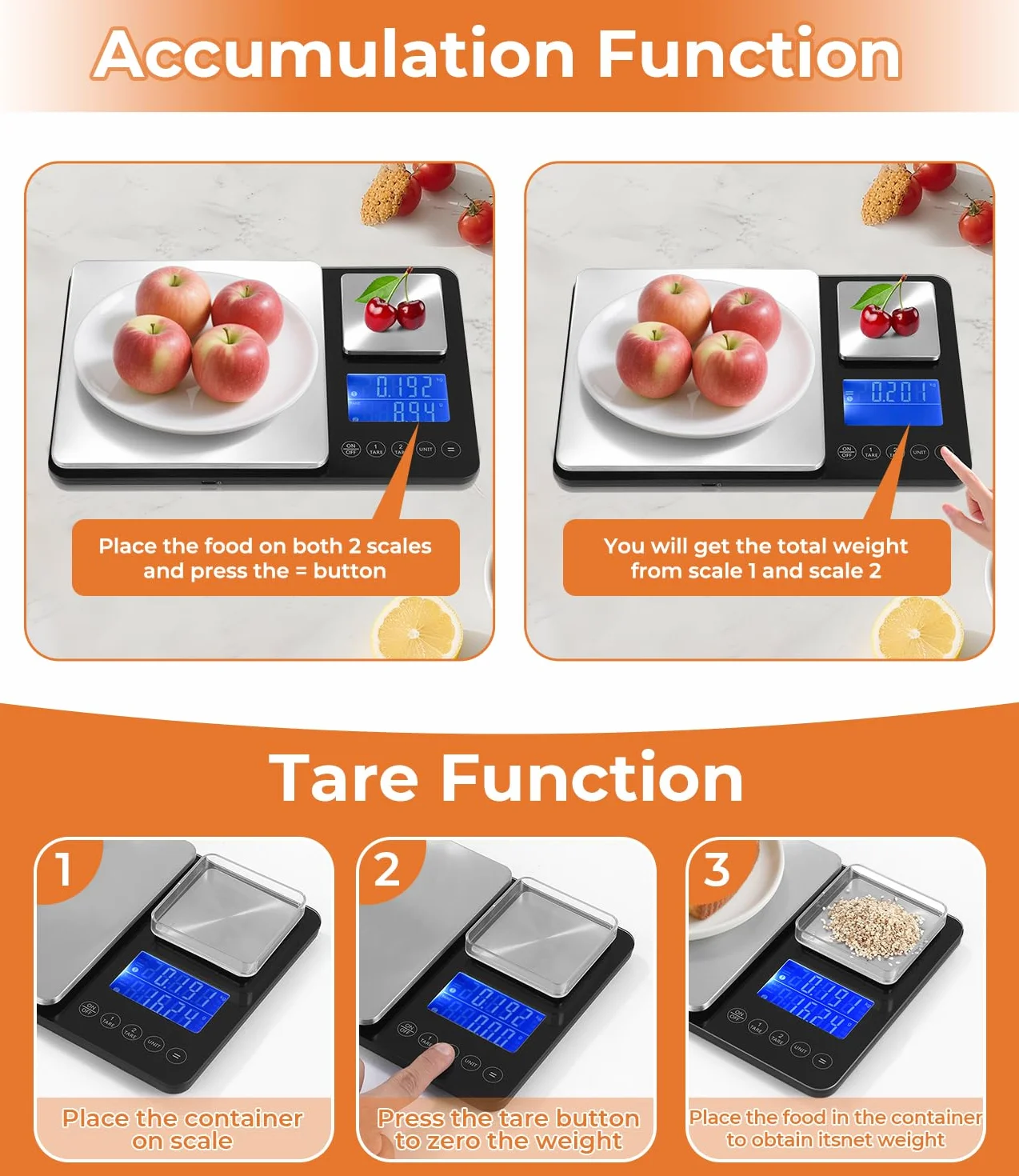 Báscula de Cocina Digital con Doble Plataforma (10kg/1g & 500g/0.01g), Recargable por USB & con Pilas, Acero Inoxidable, Pantalla LCD, 7 Unidades, ideal para Cocina & Repostería