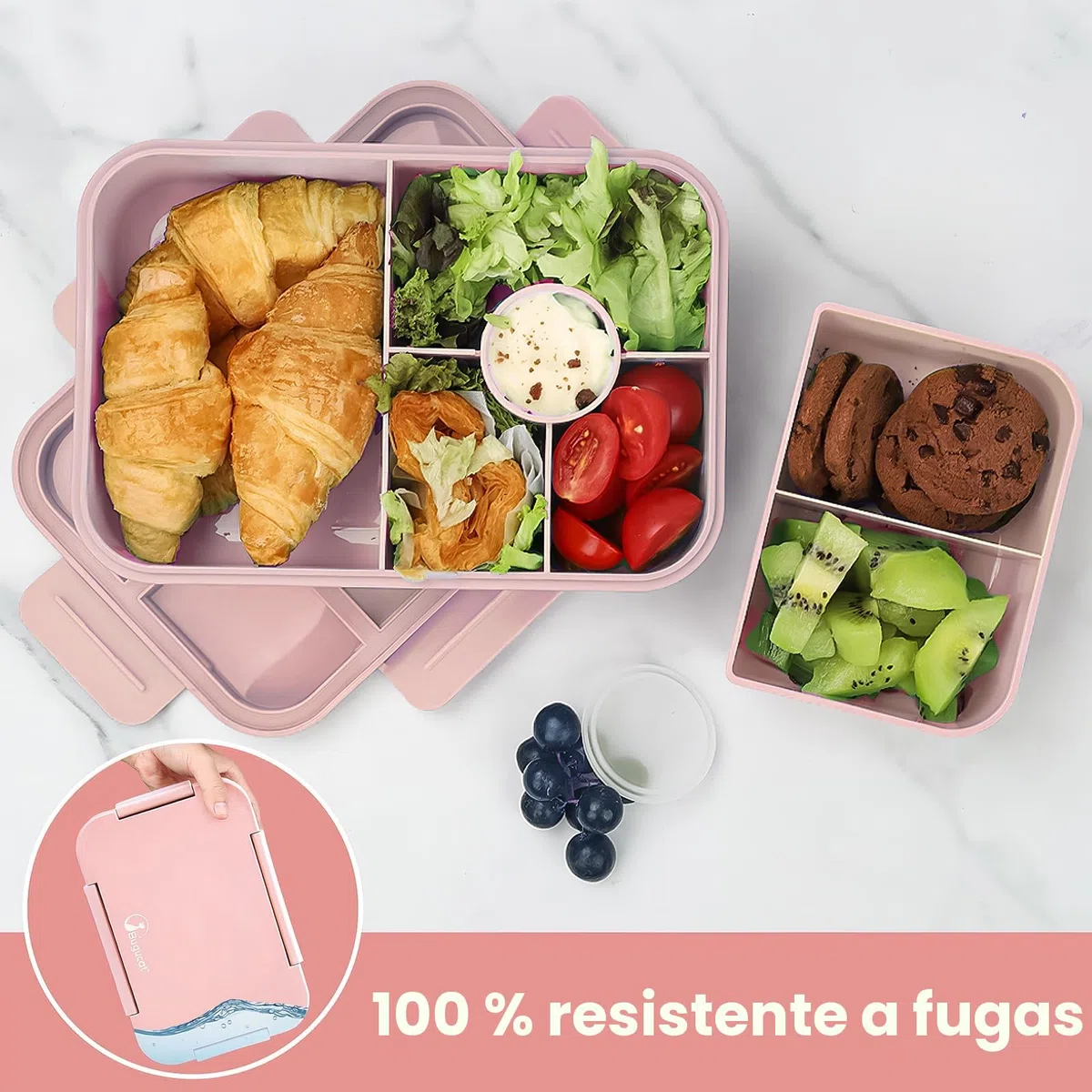 Bugucat Fiambrera 1300ML 3PCS, Bento Box Fiambrera Infantil con 5+2 Compartimentos y Cubiertos, Lunch Box Hermetico Fiambreras para Adultos Niños, Loncheras Ideal Para,Picnic,Trabajo,Púrpura,Rose