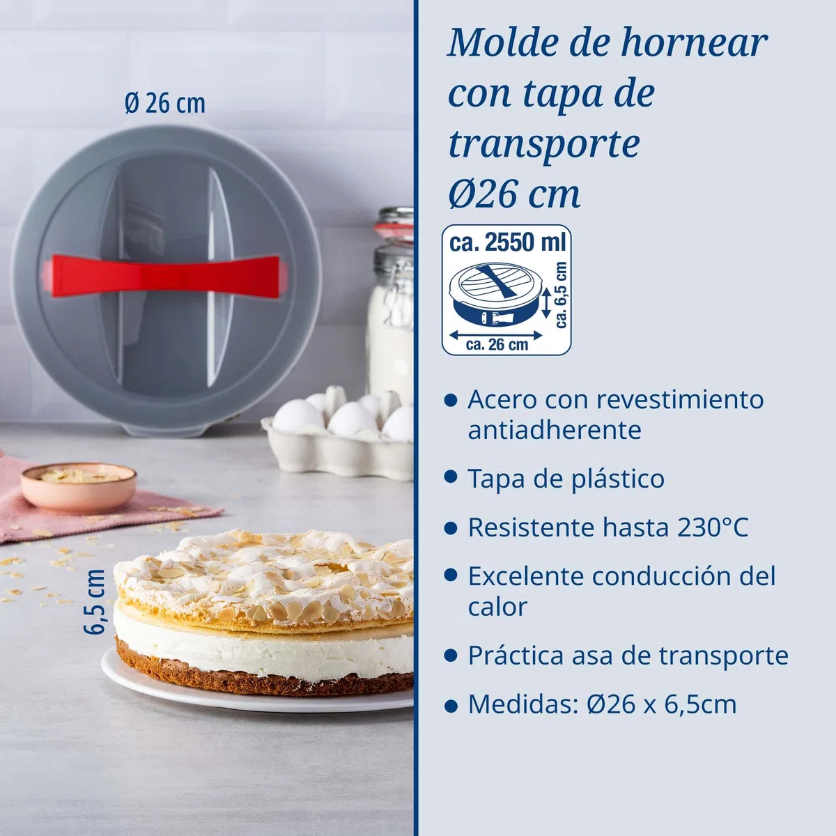 Dr. Oetker Bake&Go Molde Hornear Redondo Desmontable con Tapa para Transportarr y Almacenar, 26 cm Diámetro, Acero con Revestimiento Antiadherente, Color negro, 1 ud.