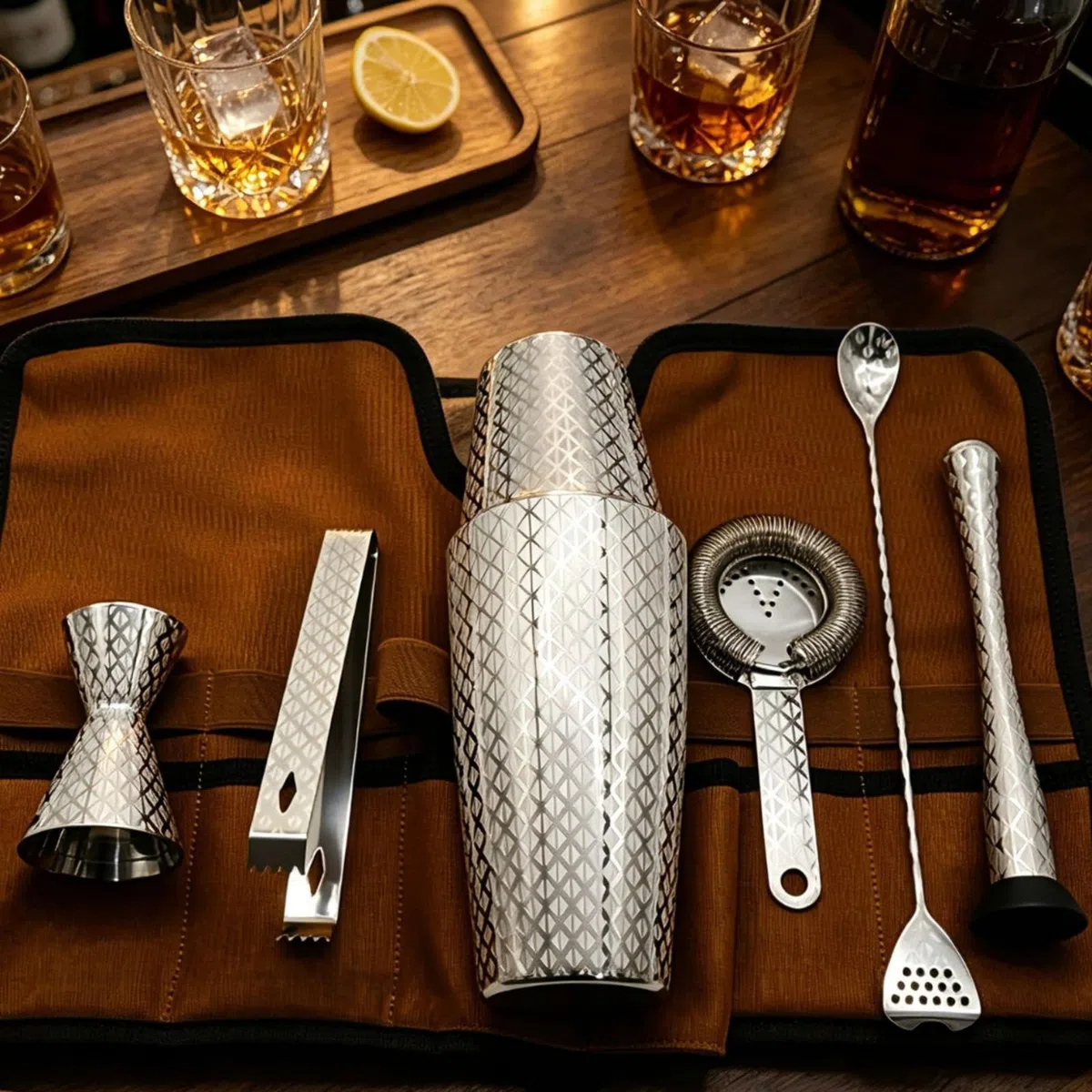 7 Piezas Juego Coctelerí Estuche Enrollable Profesional Kit Barman con Bolsa Lona Compacto Coctelera para Hogar, Juego De Coctelería Boston Grabado Con Patrón De Diamante, Con Base, 7 Piezas