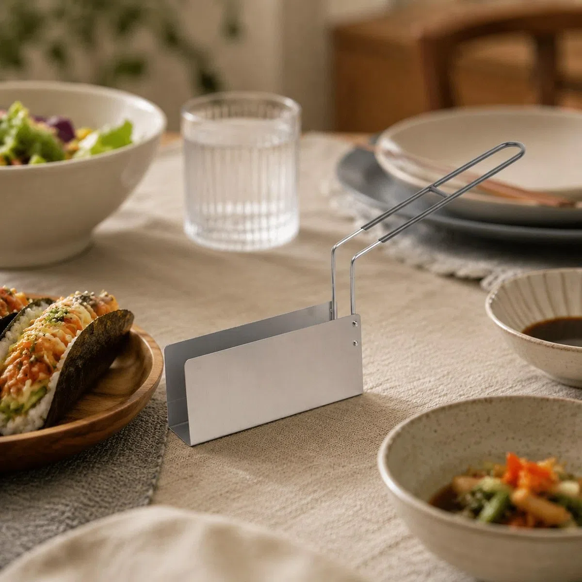 Soporte para Tacos Soporte para Sushi Contenedor de Alimentos Herramienta para Freír de Acero Inoxidable Estructura Rectangular Fácil de Limpiar, 4.2 Cm