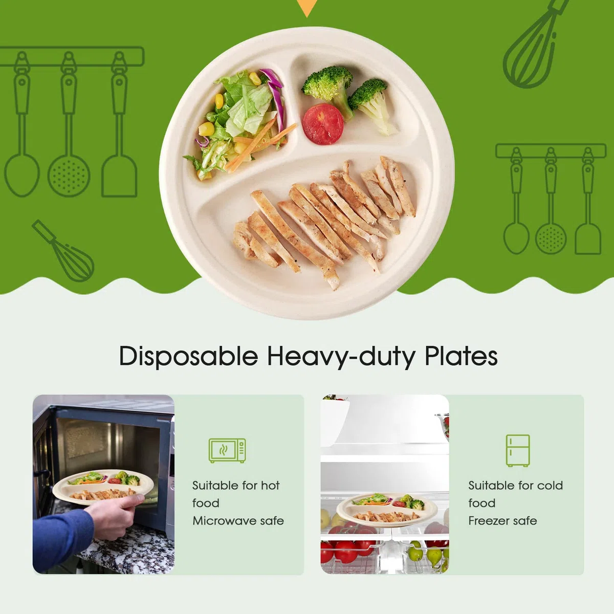 ECOLipak Paquete de 125 platos desechables de 3 compartimentos, platos de papel compostables de 10 pulgadas, platos de papel biodegradables resistentes hechos de fibras de caña de azúcar ecológicas