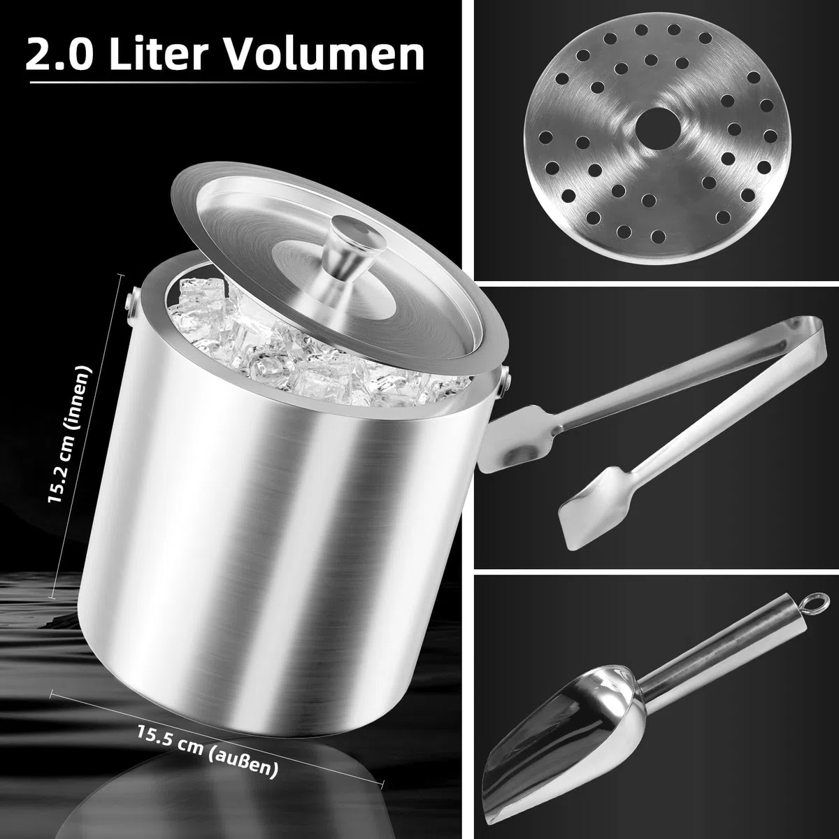 Cubitera de acero inoxidable de 2 litros, con tapa y pinzas y colador, 100% libre de BPA, recipiente para hielo de doble pared, cubo de hielo para cubitos de hielo, enfriador de hielo, perfecto