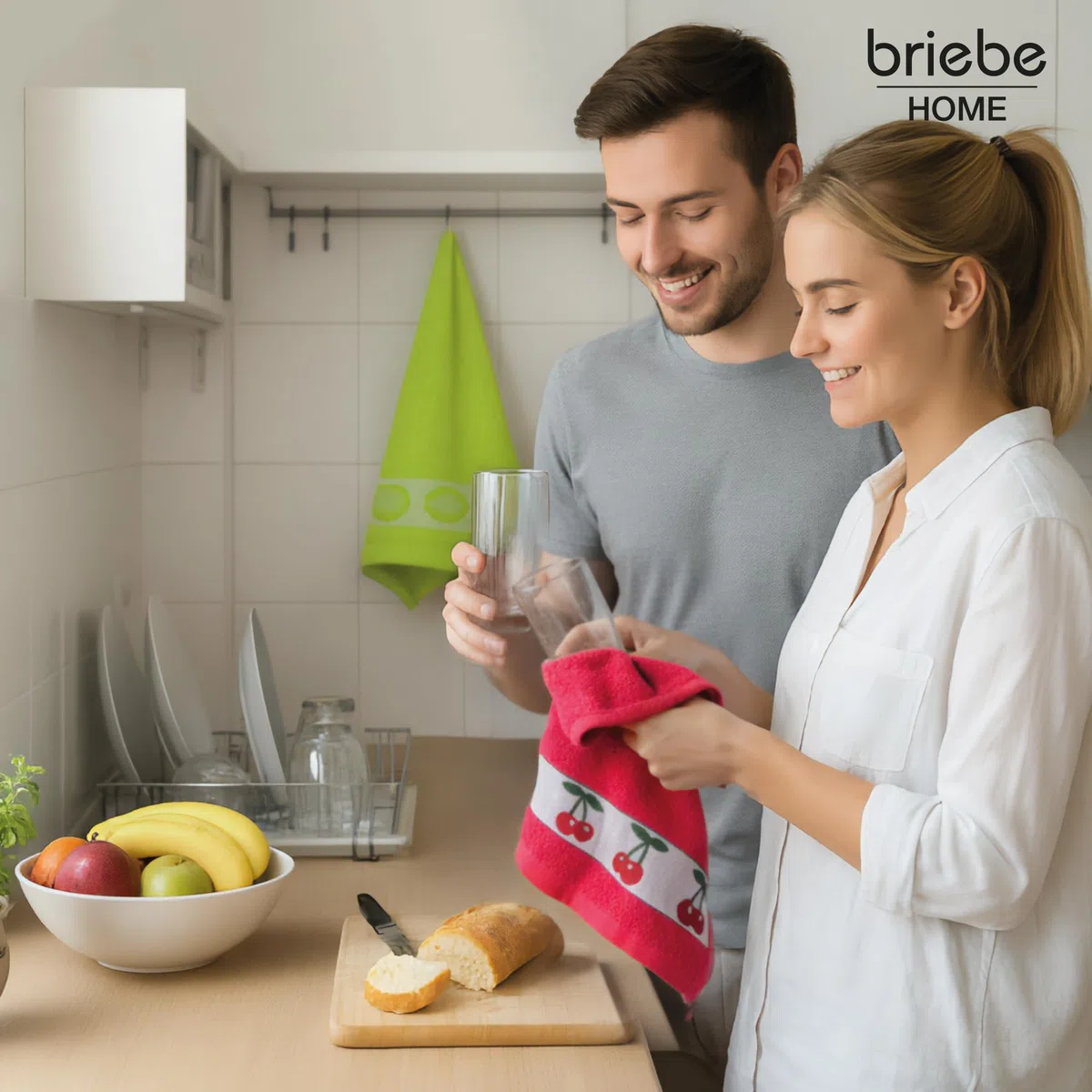briebe Home 12 Paños de Cocina Rizo 100% Algodón, 50X50cms, Hecho en Portugal, Multicolor con Dibujo Bordado, Juego de Trapos Suaves