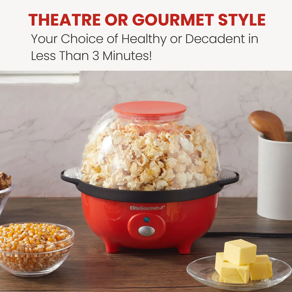 Elite Gourmet Automatic Stirring Popcorn Maker Popper, Electric Hot Oil Popcorn Machine with Measuring Cap & Built-in Reversible Serving Bowl, Great for Home Party Kids, Safety ETL Approved, Red