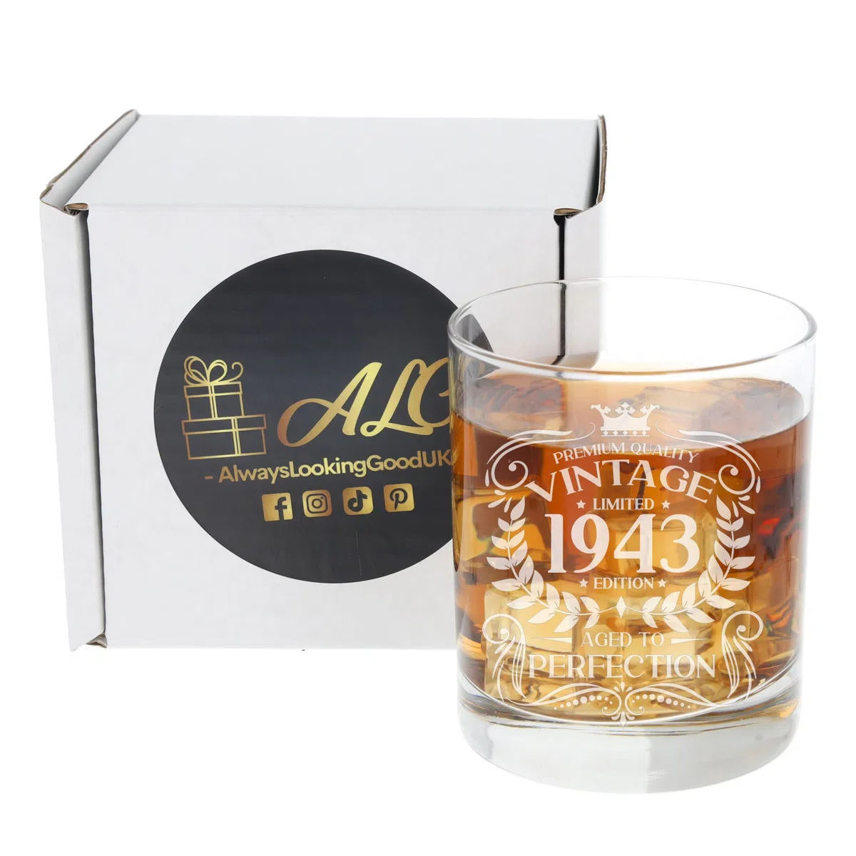 Always Looking Good Vaso de whisky grabado vintage de 1943 con texto en inglés "Aged to Perfection", regalo para 83 años de edad, para whisky, bourbon, escocés, Lowball