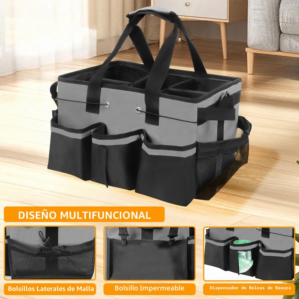 Organizador Caddy Limpieza Grande, Bolsa Limpieza Portátil con Asa y Correas, Carro limpieza con 5 Divisores Plegables, Multifunción Espesado Cesta de Herramientas para Casa, Coche, Jardín (gris)