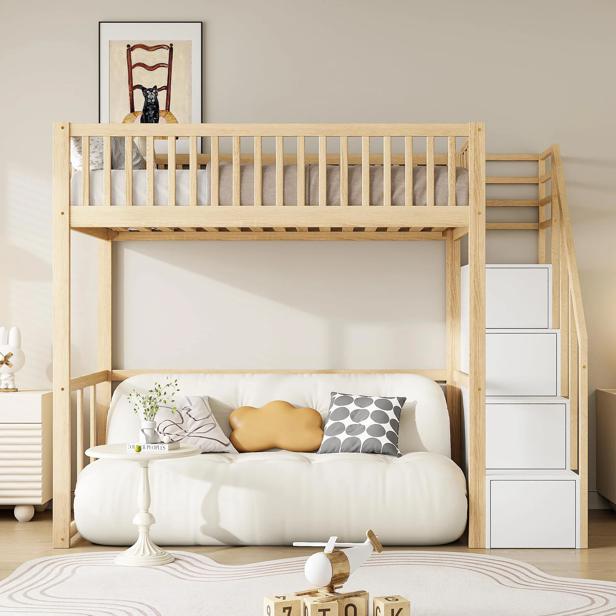 Soweiz Cama alta de 90 x 200 cm con escalera y espacio de almacenamiento, cama de madera con barandilla de seguridad, cama juvenil para niños y jóvenes, litera para dormitorio que ahorra espacio