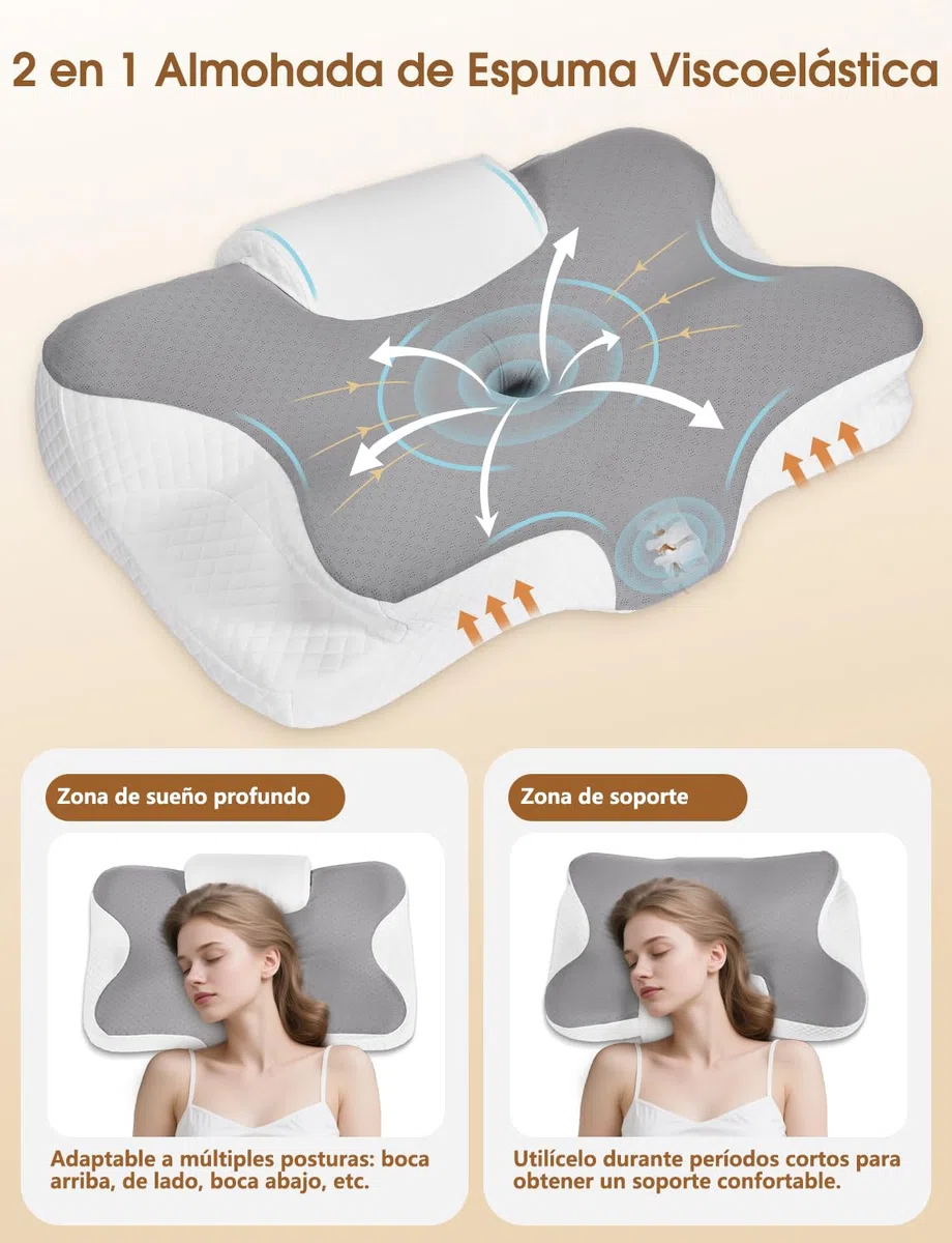 Almohada Cervical 2 en 1 Almohada Ergonómica de Espuma de Memoria para Dormir Soporte para Cabeza, Cuello y Hombro 61x41x12/13 cm