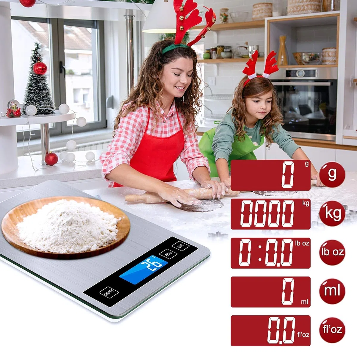 Báscula de cocina, 33 lb/15 kg, báscula digital de cocina con pantalla LCD + acero inoxidable + vidrio templado, precisión de hasta 1 g - g/kg/lb:oz/ml/fl'oz - TYPE-C o funciona con pilas