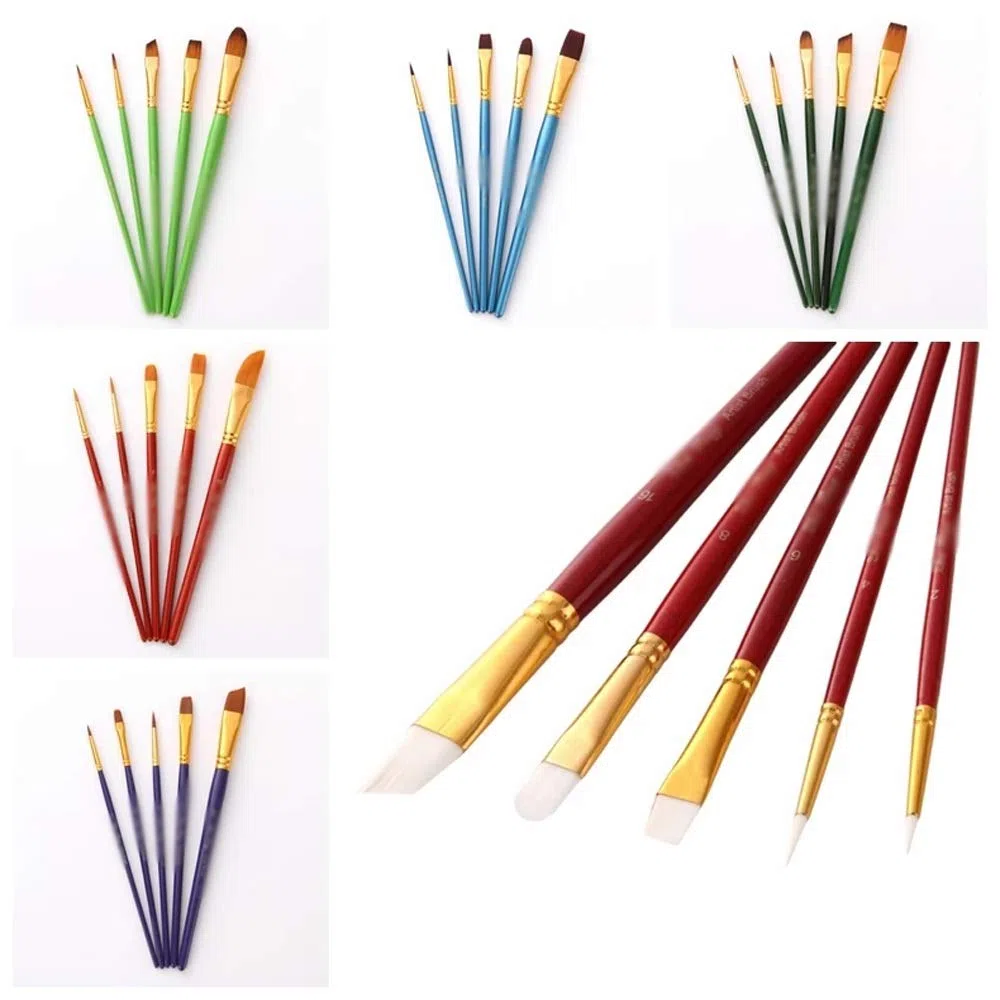 Pinceles para Pintura, Juego de 5 Pinceles para Acuarela con Mango de Madera y Punta de Nailon, Herramienta Profesional para Pintura al óleo y Dibujo.