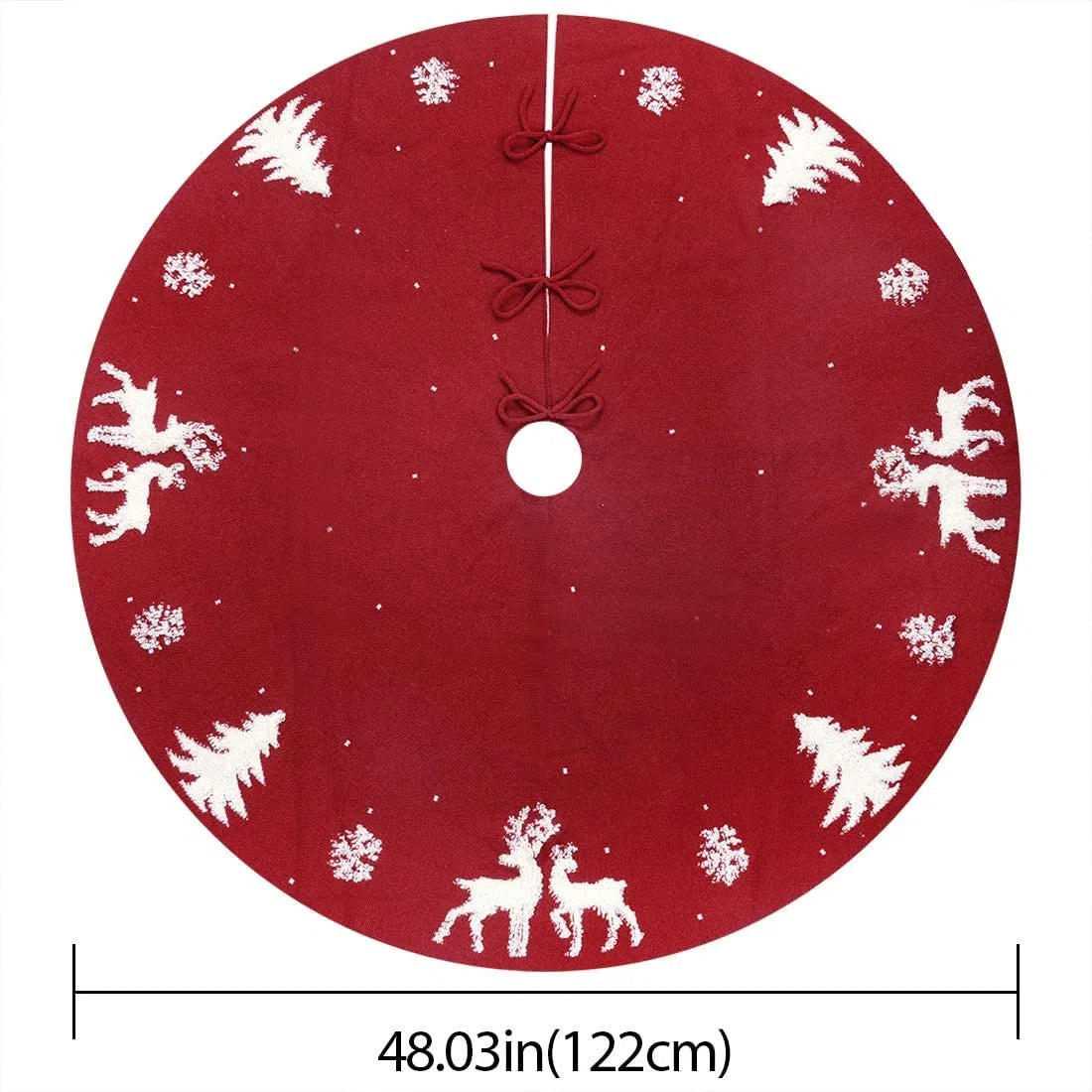 LATERN 3D Punto Falda de Árbol de Navidad, 122CM Falda de Árbol de Navidads Grande 100% Hecho a Mano Hilo de Lana Tejido Estera 3D Copo de Nieve Árbols de Navidad Cubierta de Árbols De Alce (Rojo)