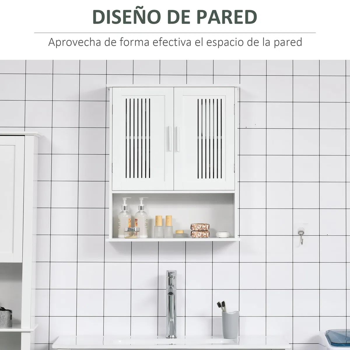 kleankin Armario de Pared para Baño Multiusos Mueble de Baño Suspendido Armario Colgante de Almacenamiento con 2 Puertas de Listones Estante Ajustable y Compartimento 60x20x70 cm Blanco