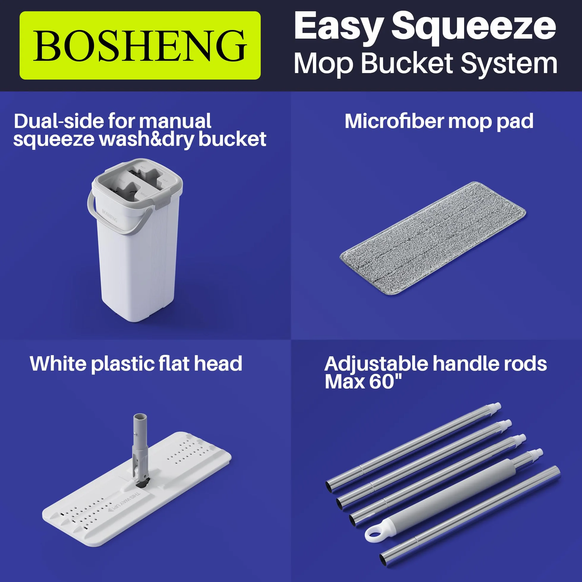BOSHENG Juego de fregona y cubo, fregonas planas para limpieza de suelos, mopa de pared con mango extensible de 60 pulgadas, mopa de piso de madera dura con 2 almohadillas de microfibra