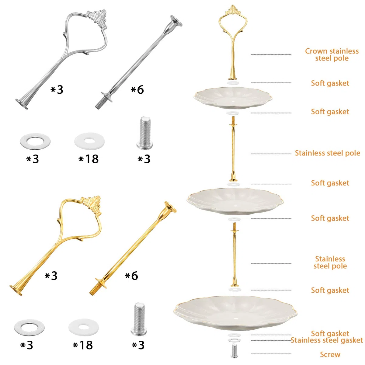 Juego de 6 accesorios de hardware para soporte de torta, corona de 3 niveles, soporte de hardware para manualidades de resina, bricolaje para hacer magdalenas
