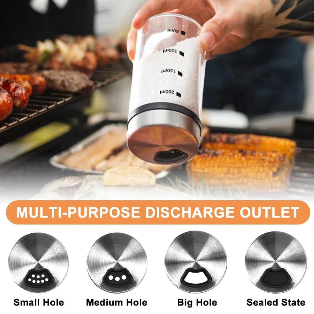 4 tarros de especias con tapa giratoria, 200 ml, salero y pimentero, tarros de especias con agujeros para especias, vidrio de borosilicato, para cocina, barbacoa, barbacoa y cocina