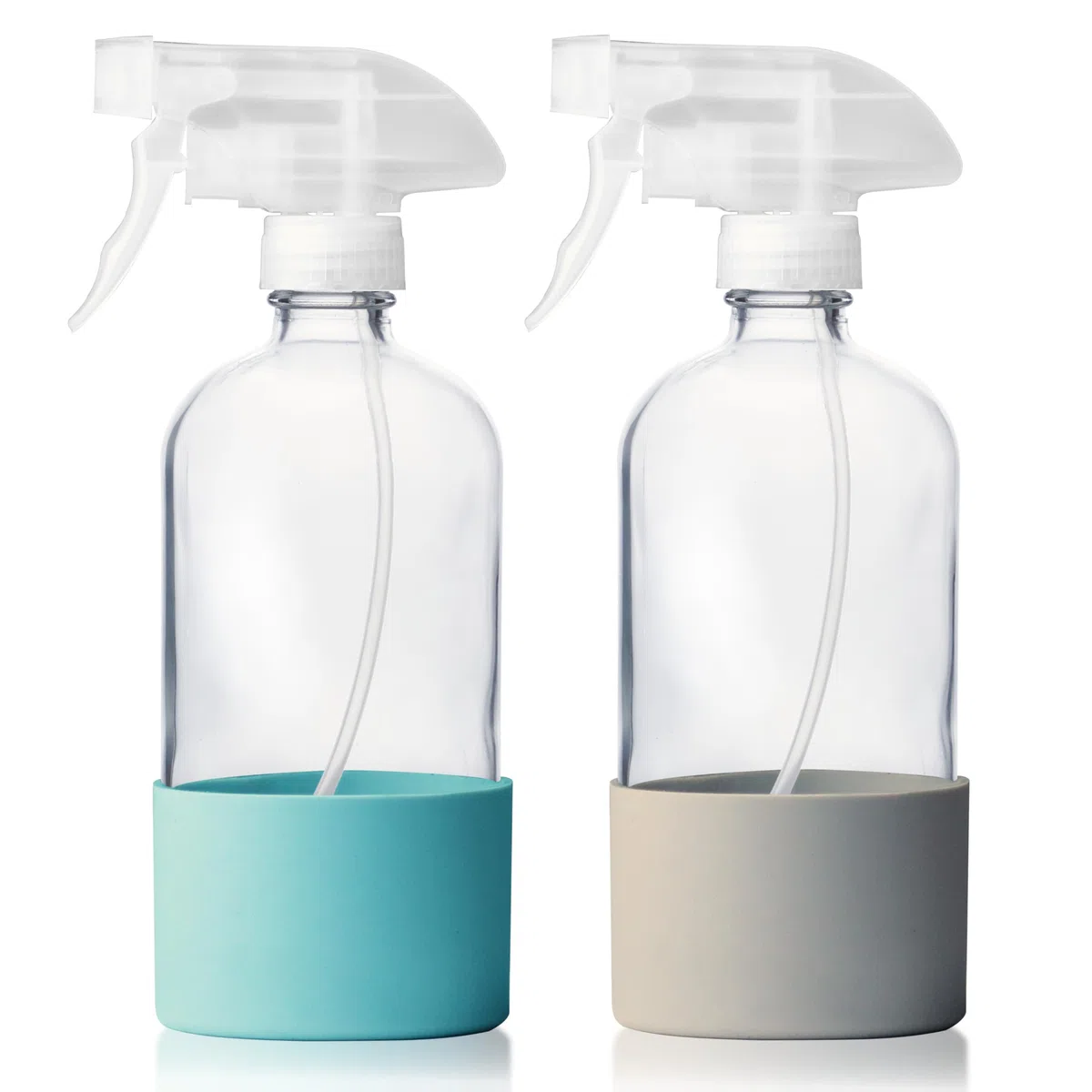 Pack 2 Pulverizadores de Vidrio 500ml con Base de Silicona Antideslizante Botella Spray de Cristal con Cabezal Reforzado Boquilla 3 Posiciones para Limpieza y Plantas - Gris/Azul