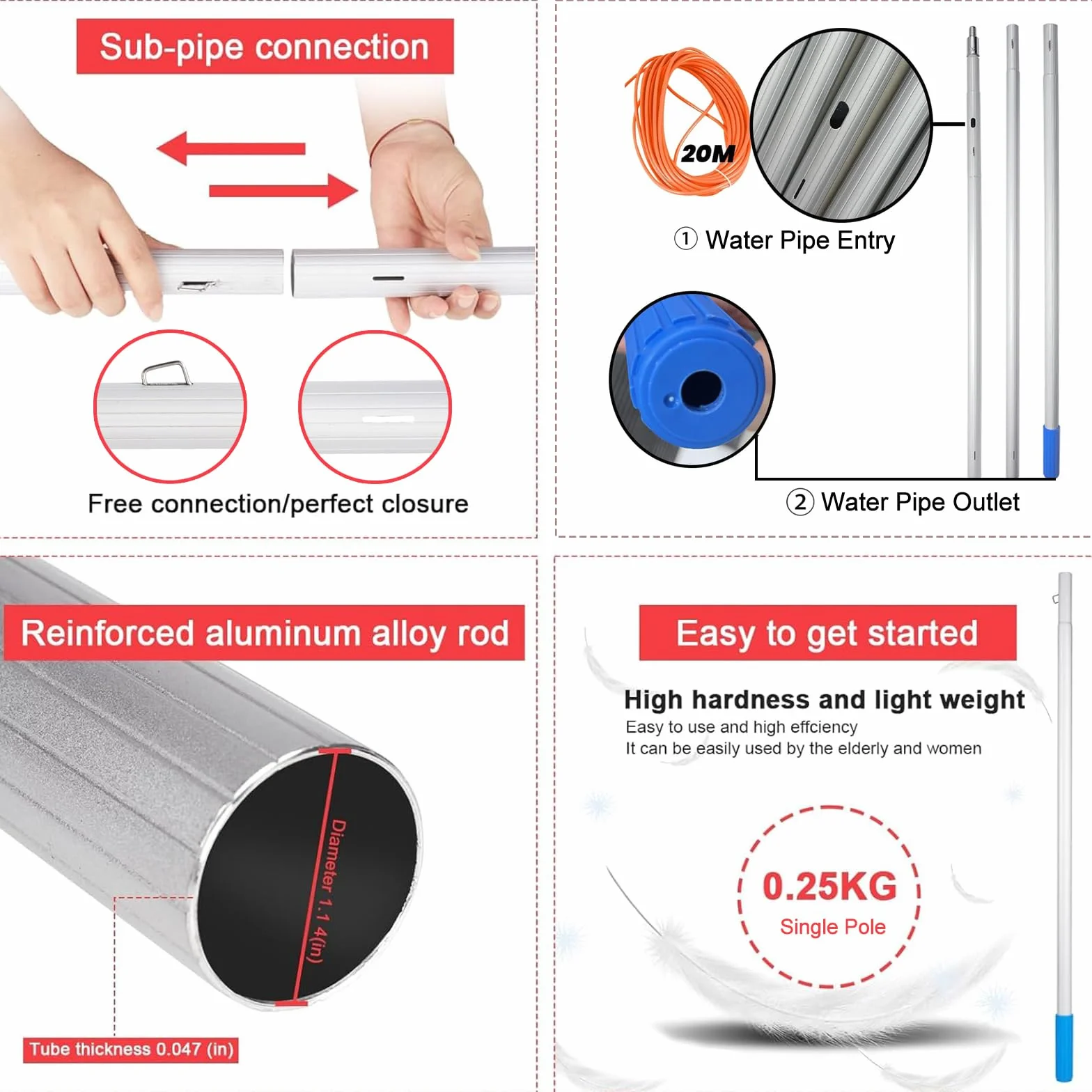 Cepillo Telescópico Limpieza 3-20M, Aluminio Pértiga de Limpieza con Conexión de Agua, Dosificador de Jabón y Manguera Universal para Placas Solares, Tejados y Terrazas (55cm Cepillo,4m)