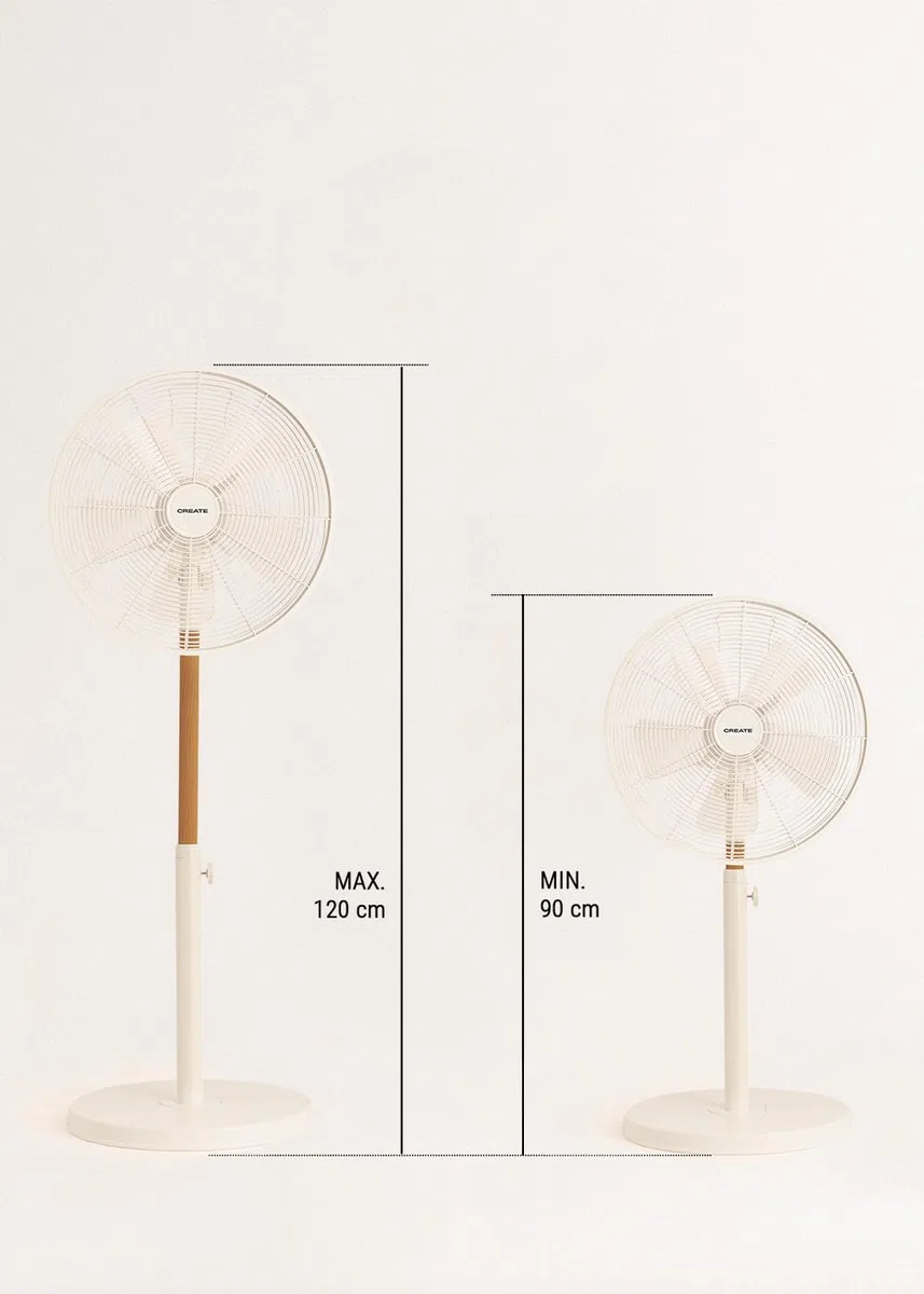 CREATE / AIR STAND WOOD/Ventilador de pie oscilante blanco roto / 50W, altura regulable y ajustable, 3 velocidades, sistema de seguridad, Ø40, mortor de cobre