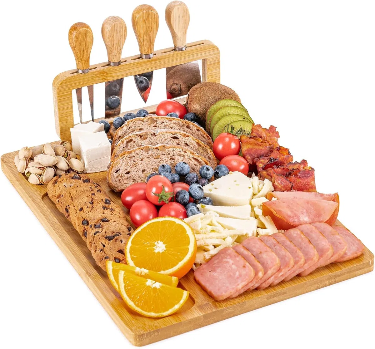 LATERN Juego de Tablas de Queso de Bambú, 35CM x 27CM Bandeja de Madera para Embutidos Tabla de Quesos con 4 Cuchillos para Queso, Set de Regalo Ideal para Navidad Bodas Acción de Gracias Fiesta