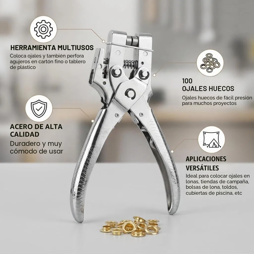 Herramienta de Configuración de Ojales, Alicates con 100 Ojales Huecos, Aleación de Zinc y Acero al Carbono, 16.5x15.5cm, para Cuero, Tela, Lonas, Carpas