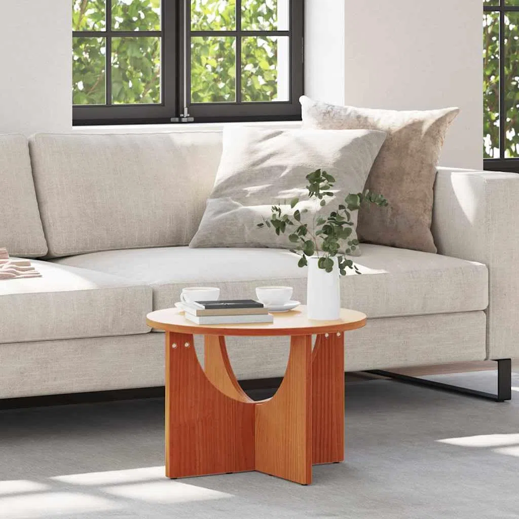 Mesa de centro redonda marrón cera de madera maciza de pino 50 x 50 x 35 cm, mesa de salón estable para bebidas y libros, mesa de sofá versátil para el hogar