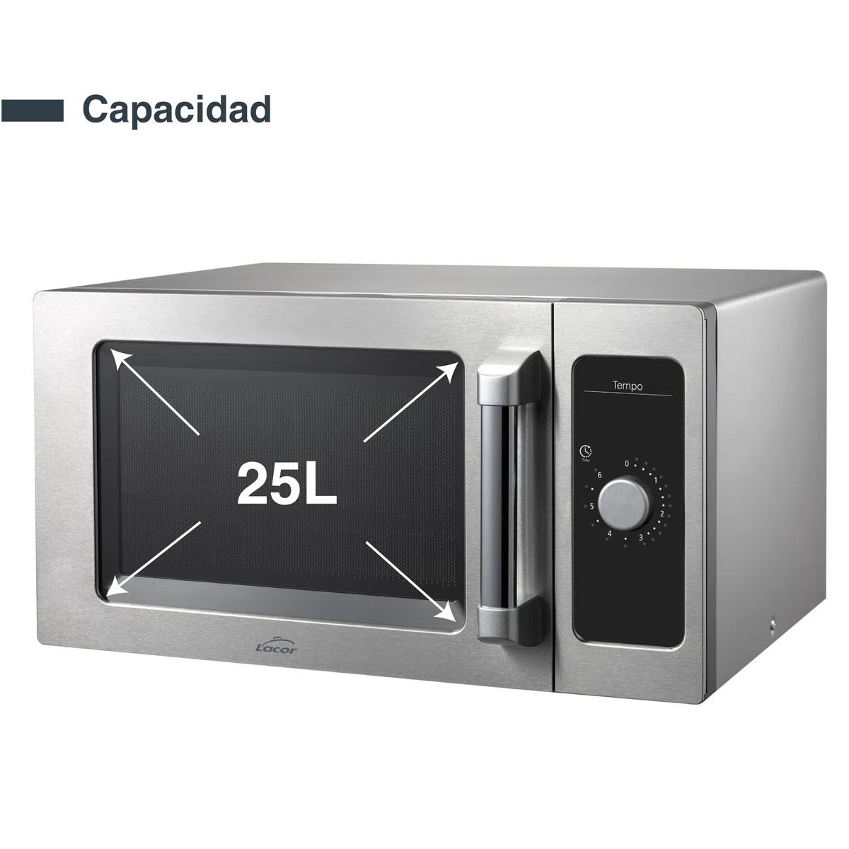 Lacor - 69329 - Microondas Tempo, Acero Inoxidable 18/10, Calentamiento Homogéneo, 1550 W, Uso Profesional, Cavidad Interior de Acero Inoxidable, Apto para Platos Grandes, 51x43x31 cm