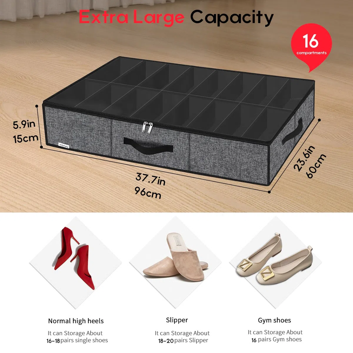 Onlyeasy MXBUBS16P2 - Organizador resistente, almacenamiento zapatos, bajo la cama, asas y ventana transparente, 16-32 pares, plegable, alta calidad, armario, 96 x 60 x 15 cm, negro, similar algodón