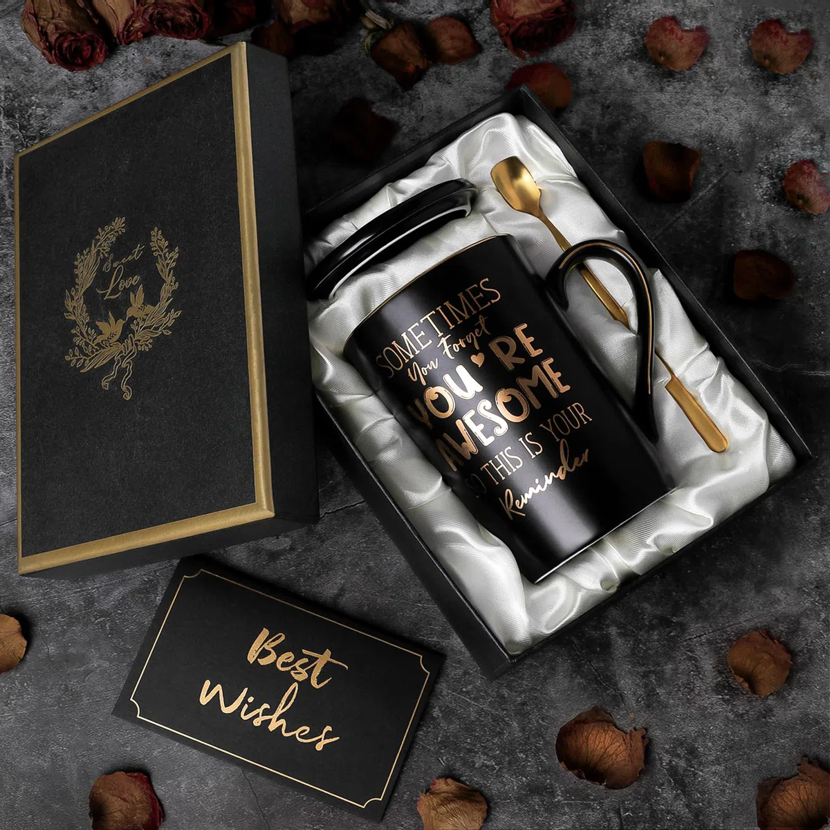 Regalos de agradecimiento para hombres, Sometimes You Forget You're Awesome - Taza inspiradora de cerámica negra única de 14 onzas con impresión dorada, regalos divertidos para novio, marido, él, en